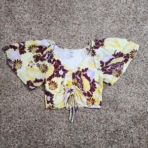 Anthropologie Maeve Cinched Crop Top Yellow Flutter Sleeve Floral Women’s M Boho